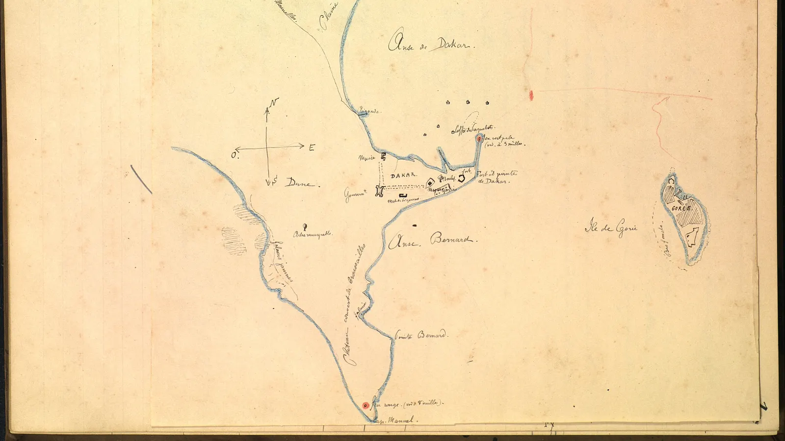 Plan dessiné à la main de la rade de Dakar, avec l'anse Bernard et l'île de Gorée